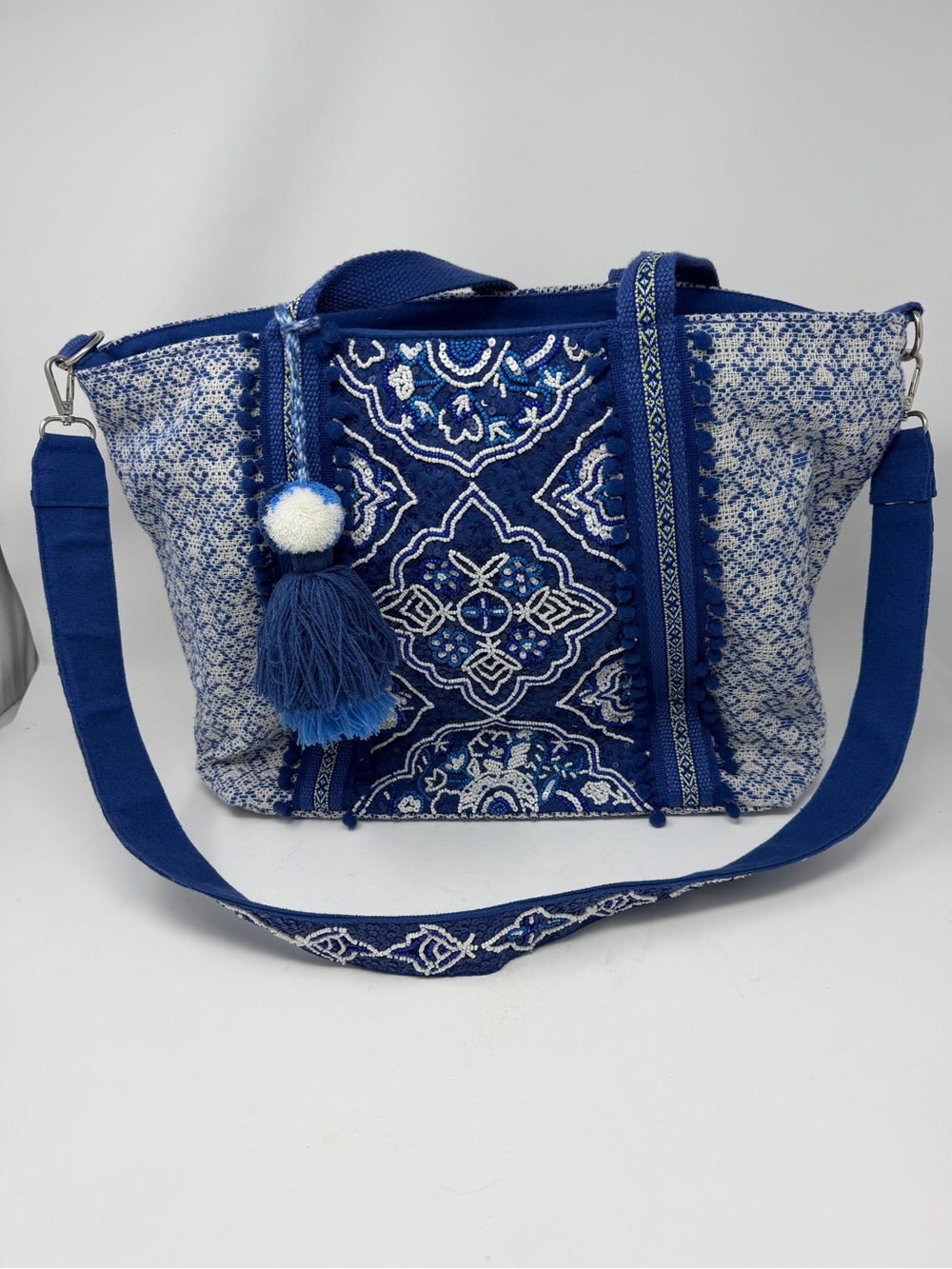 Boho America and Beyond Embroidered Blue Tote Bag with Tassel and Insert